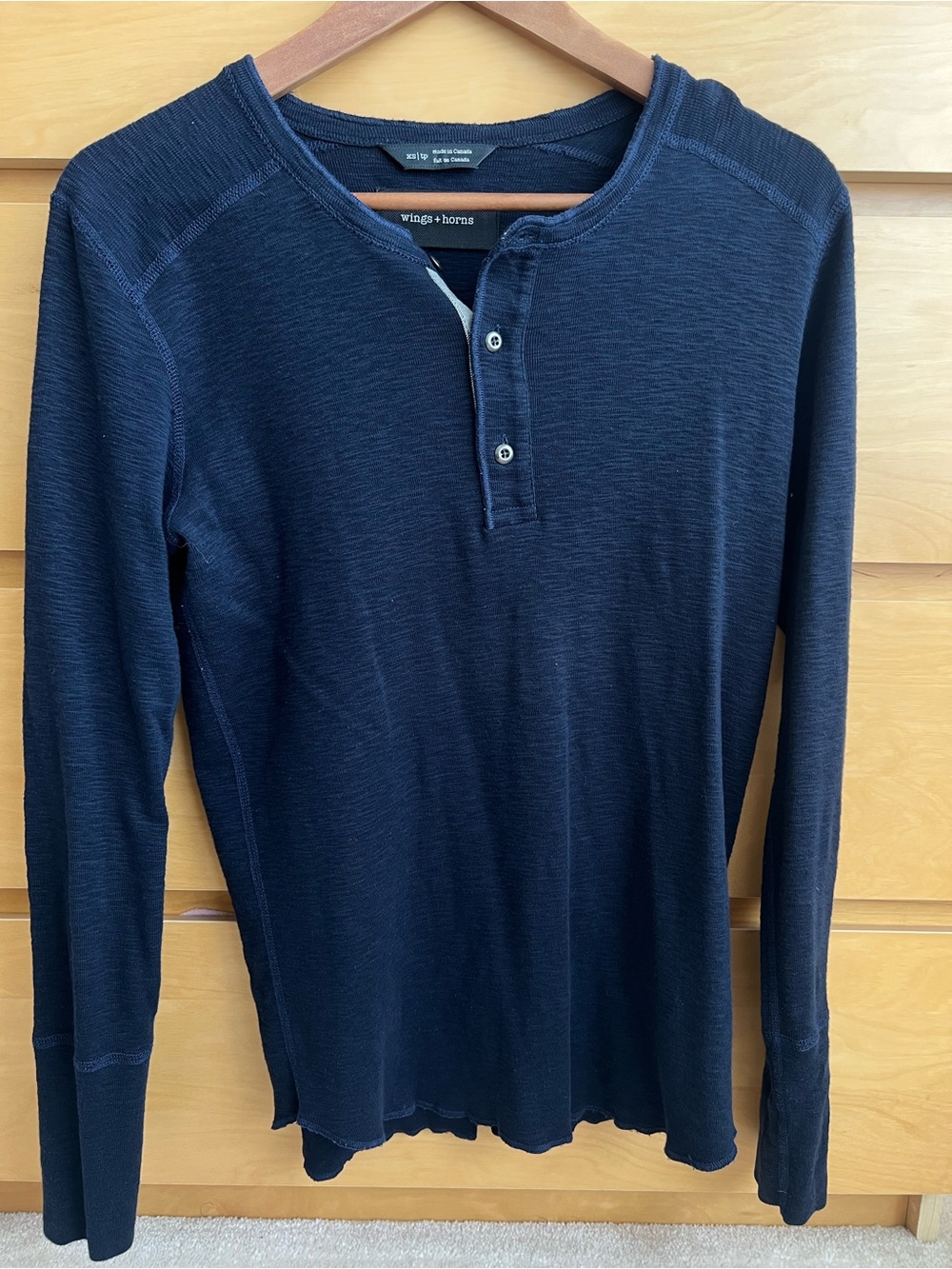 Wings + Horns Navy Long-Sleeve Henley, made in Canada
